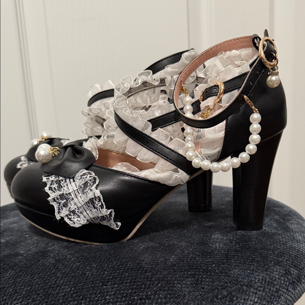 Mary Jane Pumps Lolita Black Heel Buckle Bow Round Toe Platform - Picture 2 of 4